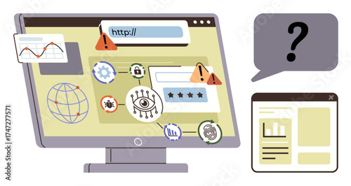 Computer displaying warning alerts, a globe, gears, and lock symbol with malware and error signs. Question mark in speech bubble hints confusion. Ideal for cybersecurity, online safety, hacking
