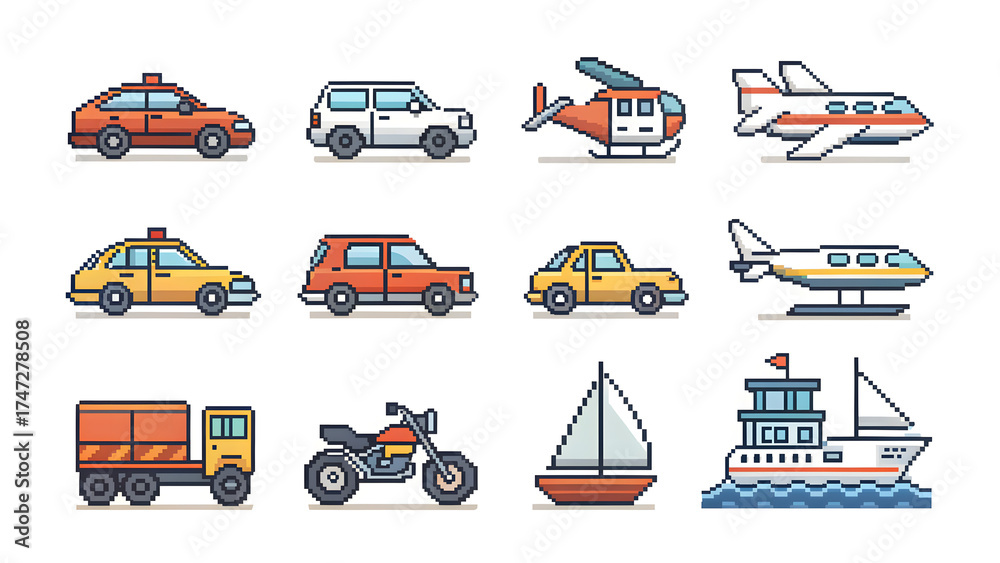 Naklejka premium Pixel Vehicle Icon Set on White Background simple cars, planes, boats, motorcycles, clean outlines, 2D flat design