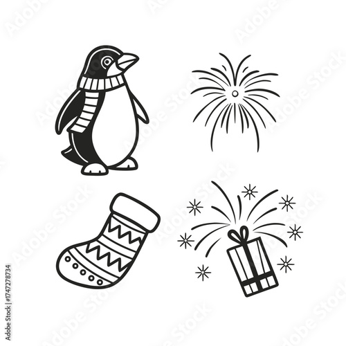 Festive penguin christmas stocking and fireworks silhouette icons for holiday celebrations isolated on transparent background