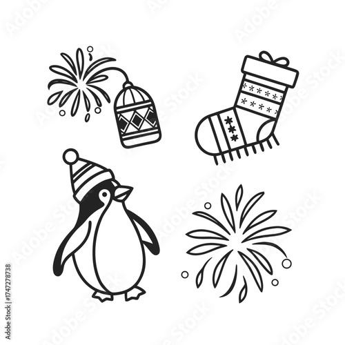 Christmas penguin with festive icons including fireworks and stocking drawing isolated on transparent background