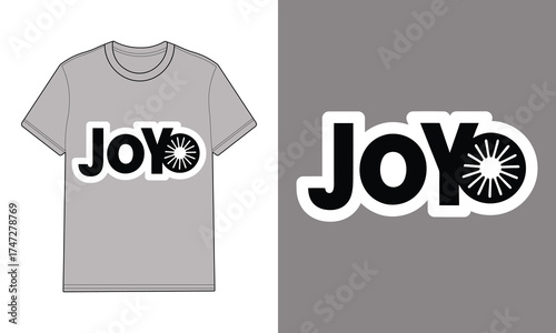 Gray t shirt with text joy sunburst circle graphic mockup