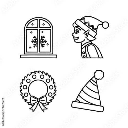 Collection of four simple holiday celebration icons featuring a present wreath and party hat isolated on transparent background