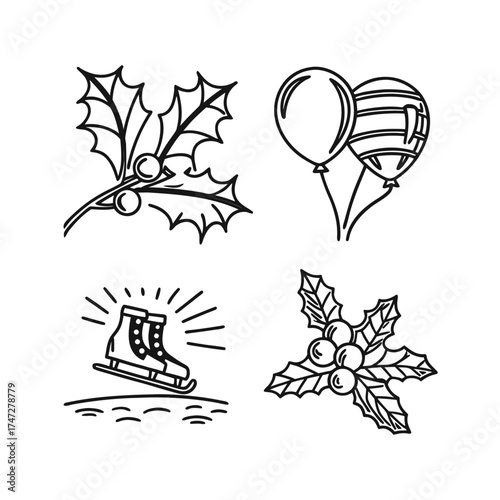 Four abstract line drawings representing modern industrial machinery components isolated on transparent background