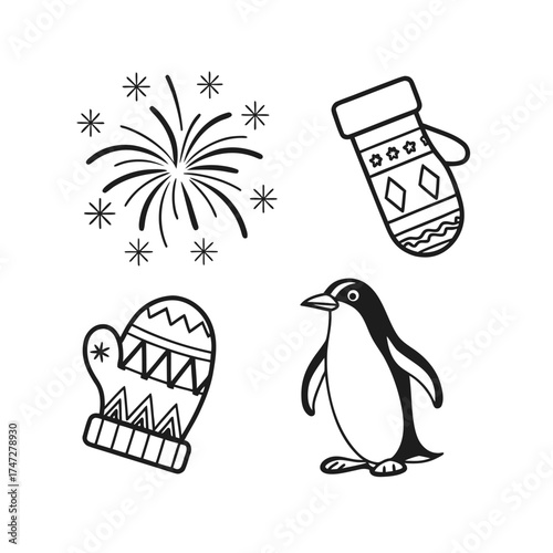 Festive winter icons and penguin silhouette for holiday designs isolated on transparent background