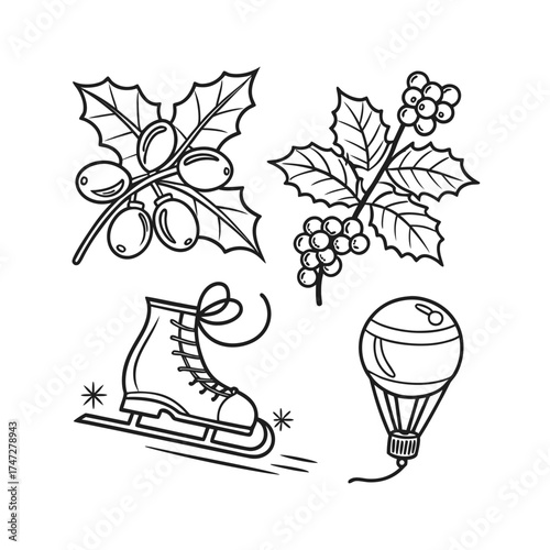 Elegant outline graphics of flowers ice skate and golf ball for design isolated on transparent background