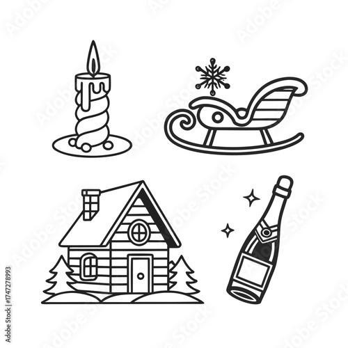 Festive holiday icons set with cabin sleigh candle and champagne for seasonal design isolated on transparent background