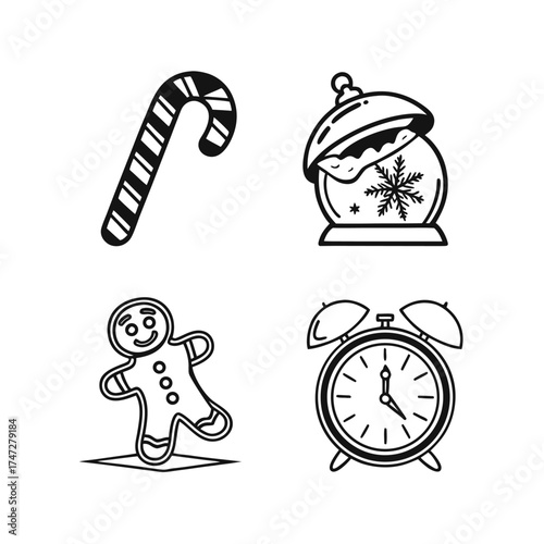 Four simple outline icons of festive christmas and new year symbols isolated on transparent background