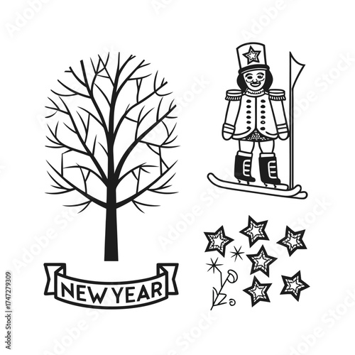 Rustic tree and vintage architectural elements outline design isolated on transparent background