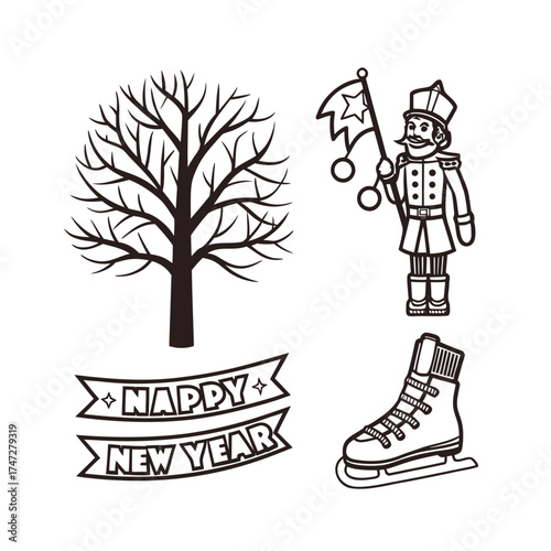 Winter elements outline collection tree nutcracker boot and rustic sign graphic isolated on transparent background