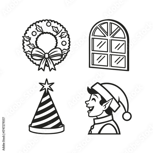 Christmas holiday icons set festive celebration symbols festive wreath arched window party hat santa claus hat isolated on transparent background