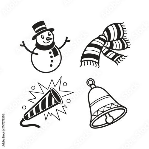 Christmas icons set snowman scarf snowflake bell festive holiday symbols outline isolated on transparent background