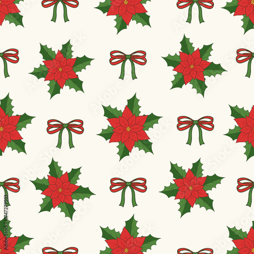 Seamless Christmas pattern with poinsettia flowers and festive bows. Vector holiday background for wrapping paper or fabric.