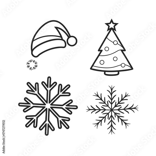 Festive christmas icons santa hat evergreen tree snowflake set line art isolated on transparent background