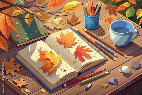 vector of Open sketchbook with autumn leaves and colored pencils on wooden table in cozy environment