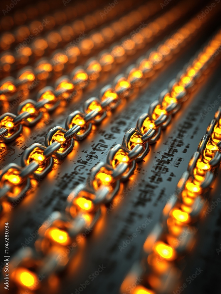 Fototapeta premium Metal Chains Illuminated With Warm Orange Light Creating a Striking Visual in a Dark Setting During Evening Hours