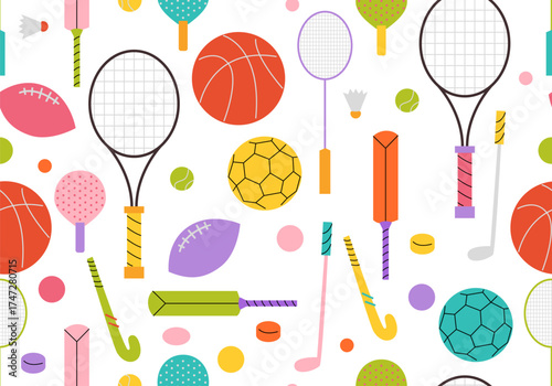 Seamless pattern with sports equipment. Sport accessories. Fun wonky sporting icons seamless pattern background
