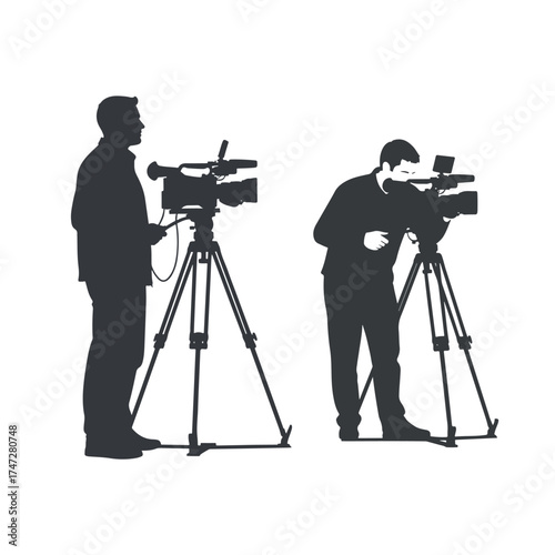 Silhouette of two videographers filming with professional cameras and tripods - Logo vector icon stock illustration - Flat Design Icon