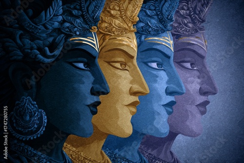 Four faces of Shiva, colorful palette. Generative AI