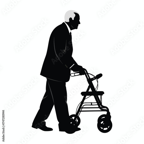 Elderly man in suit walking with a walker flat icon design - Logo vector icon stock illustration - Flat Design Icon
