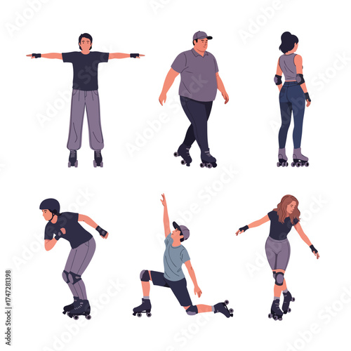 Diverse rollerbladers engaging in various actions flat design icons set - Logo vector icon stock illustration - Flat Design Icon
