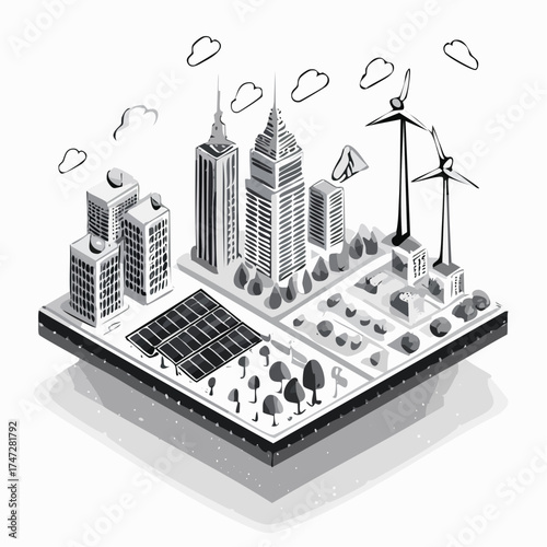 Ecological ecosystem and pollution. Innovative green technologies, green ecology smart systems and recycling for environmental sustainability. Green energy and eco friendly isometric city. Solar power