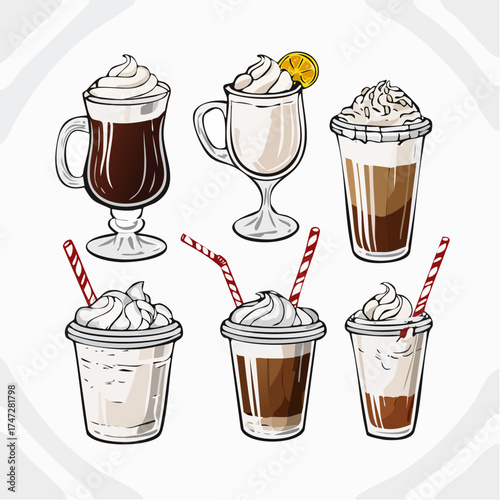 Collection of glasses with drinks. Coffee types, variety of beverages. Americano and latte macchiato, iced coffee and irish type. Frappuccino and frappe, bicerin and cocoa takeaway. Vector in flat