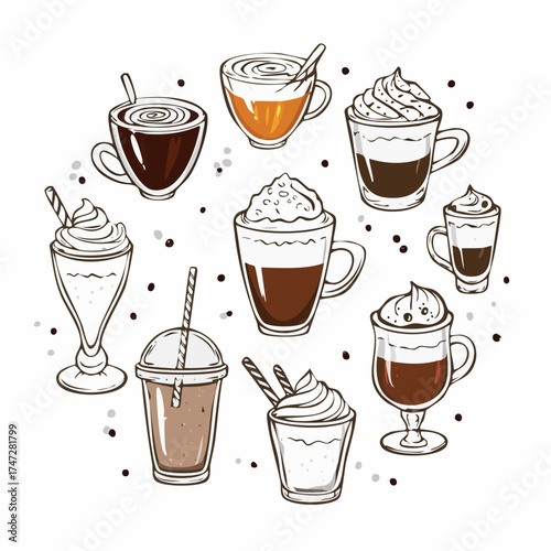Collection of glasses with drinks. Coffee types, variety of beverages. Americano and latte macchiato, iced coffee and irish type. Frappuccino and frappe, bicerin and cocoa takeaway. Vector in flat