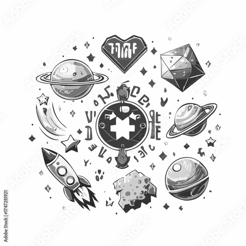 Space pixel game isolated vector icons font and cosmic characters. Arrows and hearts spaceship and aliens stars and planets, score points and meteorite. Arcade games elements. Video platform interface