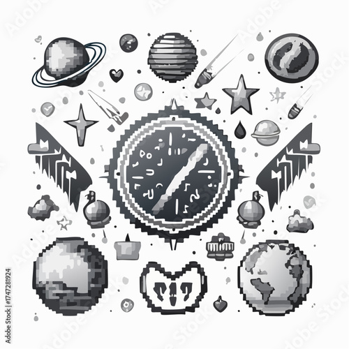 Space pixel game isolated vector icons font and cosmic characters. Arrows and hearts spaceship and aliens stars and planets, score points and meteorite. Arcade games elements. Video platform interface