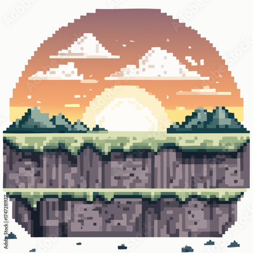 Nobody interface of pixel game platform, evening and sunset view, cloudy sky and green grass with bushes, adventure and level, computer graphic vector, pixelated nature for mobile app games