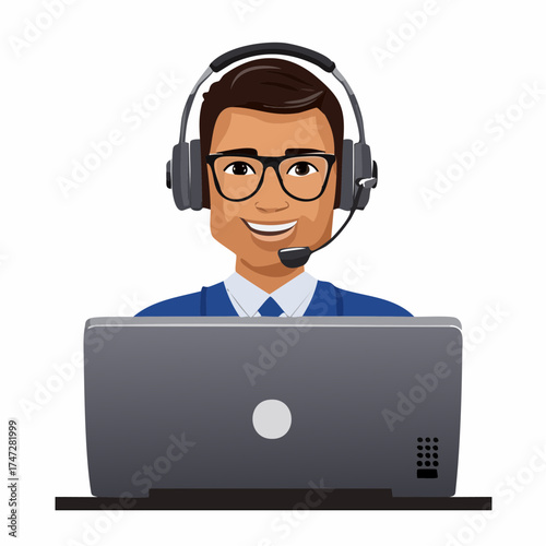 Hotline workers wearing headsets, customers services and communication vector. Call center agents in headphones with microphone at computer. Delivery and shipping operator, helpline or hotline center