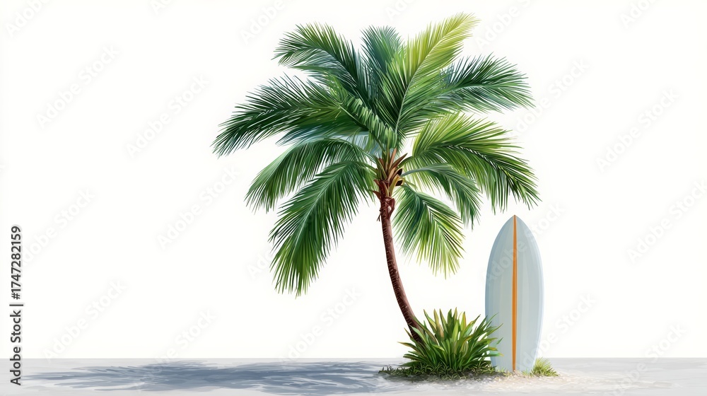 Fototapeta premium Palm tree is standing next to a surfboard. The surfboard is white and the palm tree is green