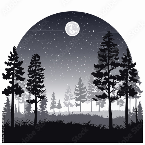 Night forest landscape with plants and trees. Dark wild wood background, mysterious place scenery. Forest edge under moonlight falling through crowns. Landscape of natural area vector illustration