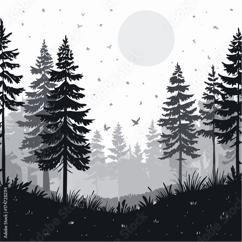 Night forest landscape with plants and trees. Dark wild wood background, mysterious place scenery. Forest edge under moonlight falling through crowns. Landscape of natural area vector illustration