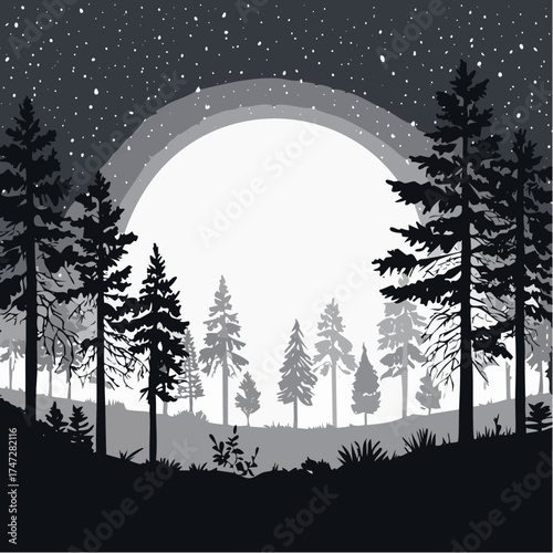Night forest landscape with plants and trees. Dark wild wood background, mysterious place scenery. Forest edge under moonlight falling through crowns. Landscape of natural area vector illustration