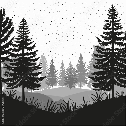 Night forest landscape with plants and trees. Dark wild wood background, mysterious place scenery. Forest edge under moonlight falling through crowns. Landscape of natural area vector illustration