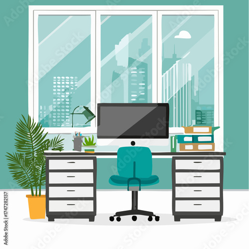 Workplace modern design. Office studio, cabinet or home workspace interior with aquamarine wall. Office at home with big window, desktop, PC computer, documets, plants, furnitures. Flat style