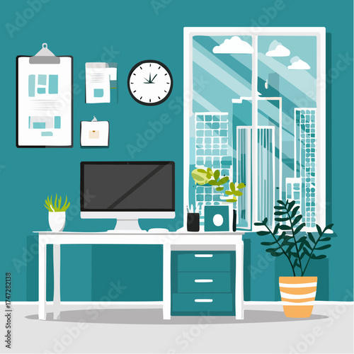 Workplace modern design. Office studio, cabinet or home workspace interior with aquamarine wall. Office at home with big window, desktop, PC computer, documets, plants, furnitures. Flat style