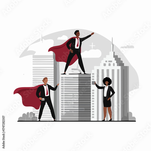 Entrepreneurs in superman coats, business heroes webpage vector. Men and women in superhero outfits on top of skyscrapers landing page or site flat style