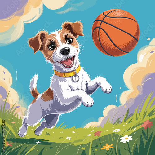 A vibrant illustration of an energetic dog leaping while playing with a basketball, symbolizing joy, playfulness, and the bond between pets and their human companions.