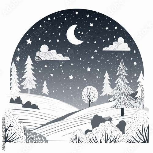 Night in forest, vector cartoon illustration. Hills and tall trees, pine forest on horizon lush bushes, clouds in starry sky. Beautiful nighttime landscape. Green plant and grass rural land background