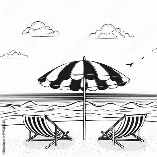 Seascape with resting place for tourists. Empty sun loungers and umbrella, on hot sand near ocean