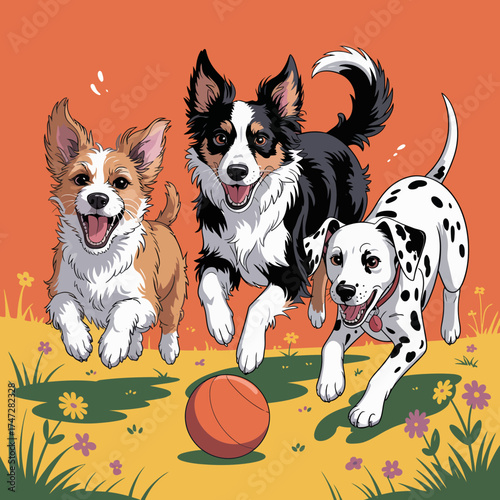 A joyful scene of three playful dogs, including a corgi, border collie, and dalmatian, happily running together in a vibrant field on a sunny day, exuding pure joy and companionship.