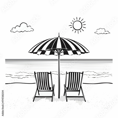 Seascape with resting place for tourists. Empty sun loungers and umbrella, on hot sand near ocean