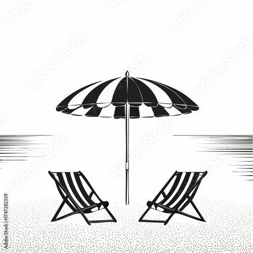 Seascape with resting place for tourists. Empty sun loungers and umbrella, on hot sand near ocean