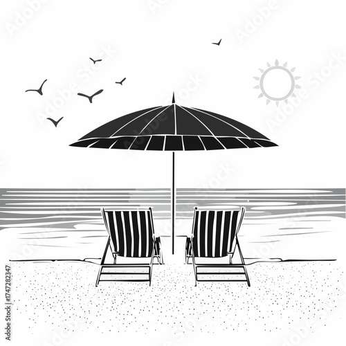Seascape with resting place for tourists. Empty sun loungers and umbrella, on hot sand near ocean