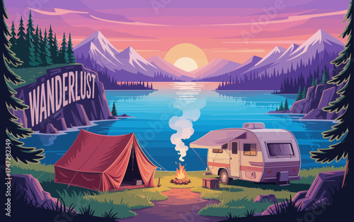 An inviting illustration of a cozy campsite by a tranquil lake, featuring a tent and RV, with a sunset backdrop that evokes feelings of adventure and serenity in nature.