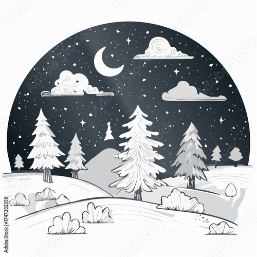 Night in forest, vector cartoon illustration. Hills and tall trees, pine forest on horizon lush bushes, clouds in starry sky. Beautiful nighttime landscape. Green plant and grass rural land background