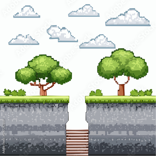 Start game page decoration by trees and bushes, grass and underground view, cloudy sky and steps, 1 player or 2 players choosing, pixel screen vector. Pixelated 8 bit video-game
