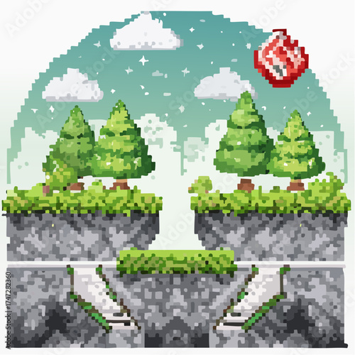 Start game page decoration by trees and bushes, grass and underground view, cloudy sky and steps, 1 player or 2 players choosing, pixel screen vector. Pixelated 8 bit video-game